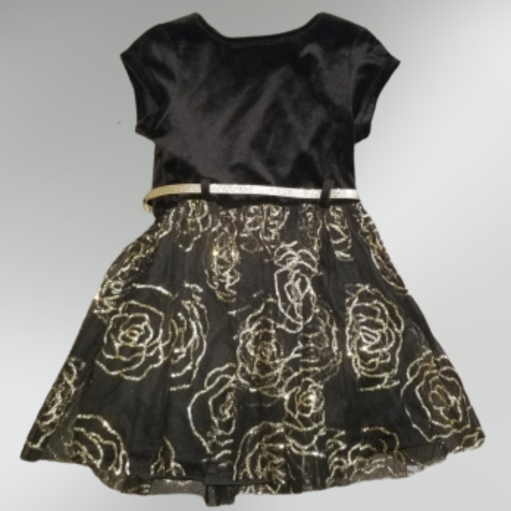 BRAND NEW Toddler black dress w/gold shimmering roses belted dress size 4 - Picture 3 of 4